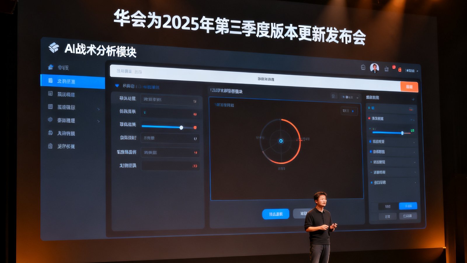 华体会2025年第三季度版本更新发布会现场，产品负责人在台上演示新功能，背景大屏幕展示AI战术分析模块界面